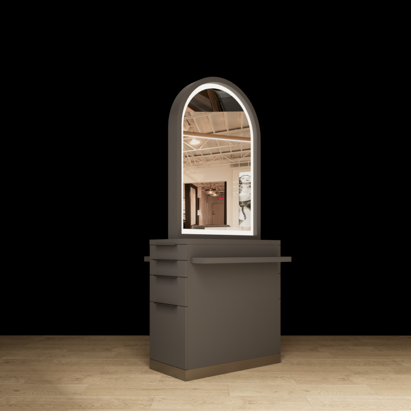 Side view of the Melrose double sided salon styling station in black featuring illuminated LED arch mirrors, sleek cabinetry, and a modern freestanding design.