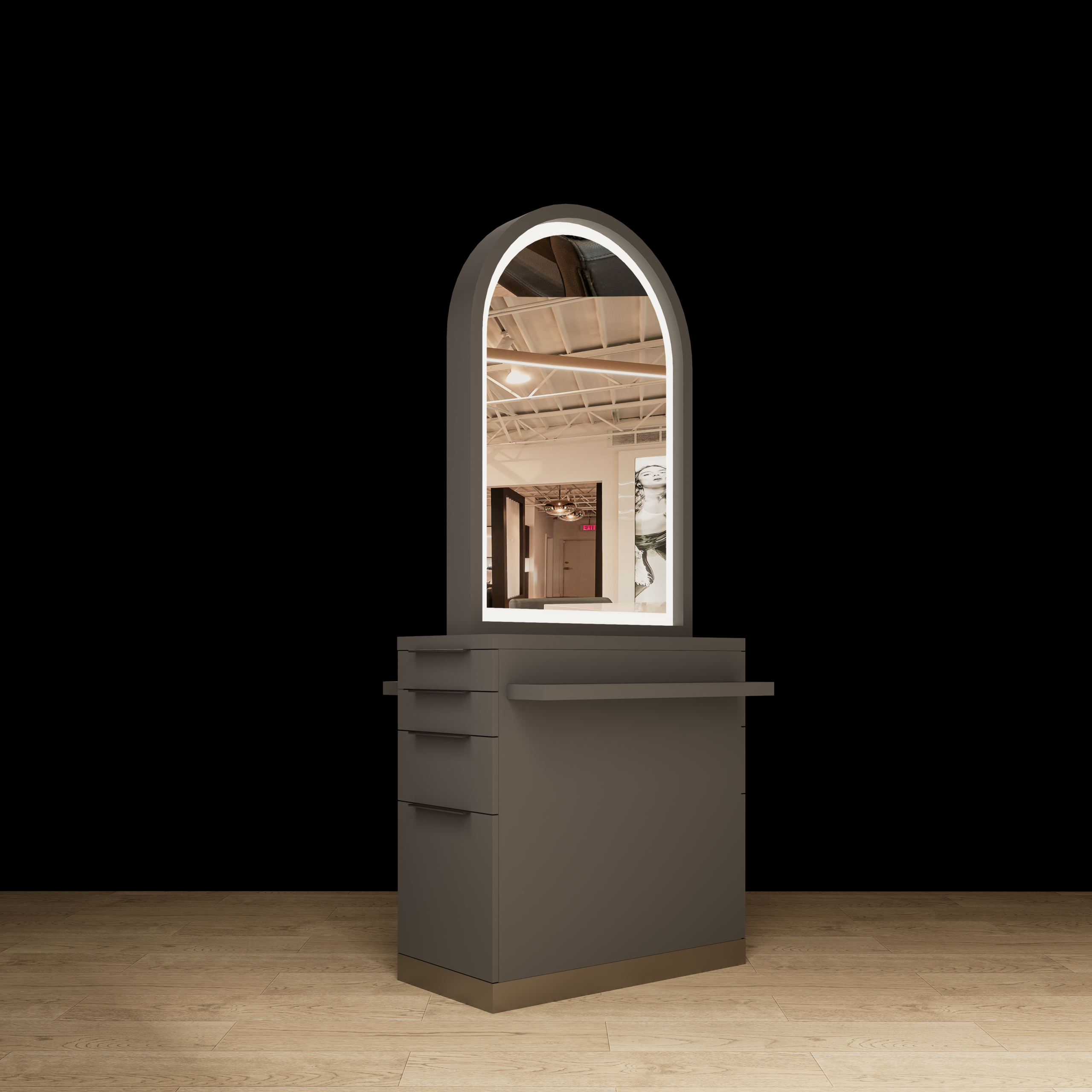 Side view of the Melrose double sided salon styling station in black featuring illuminated LED arch mirrors, sleek cabinetry, and a modern freestanding design.