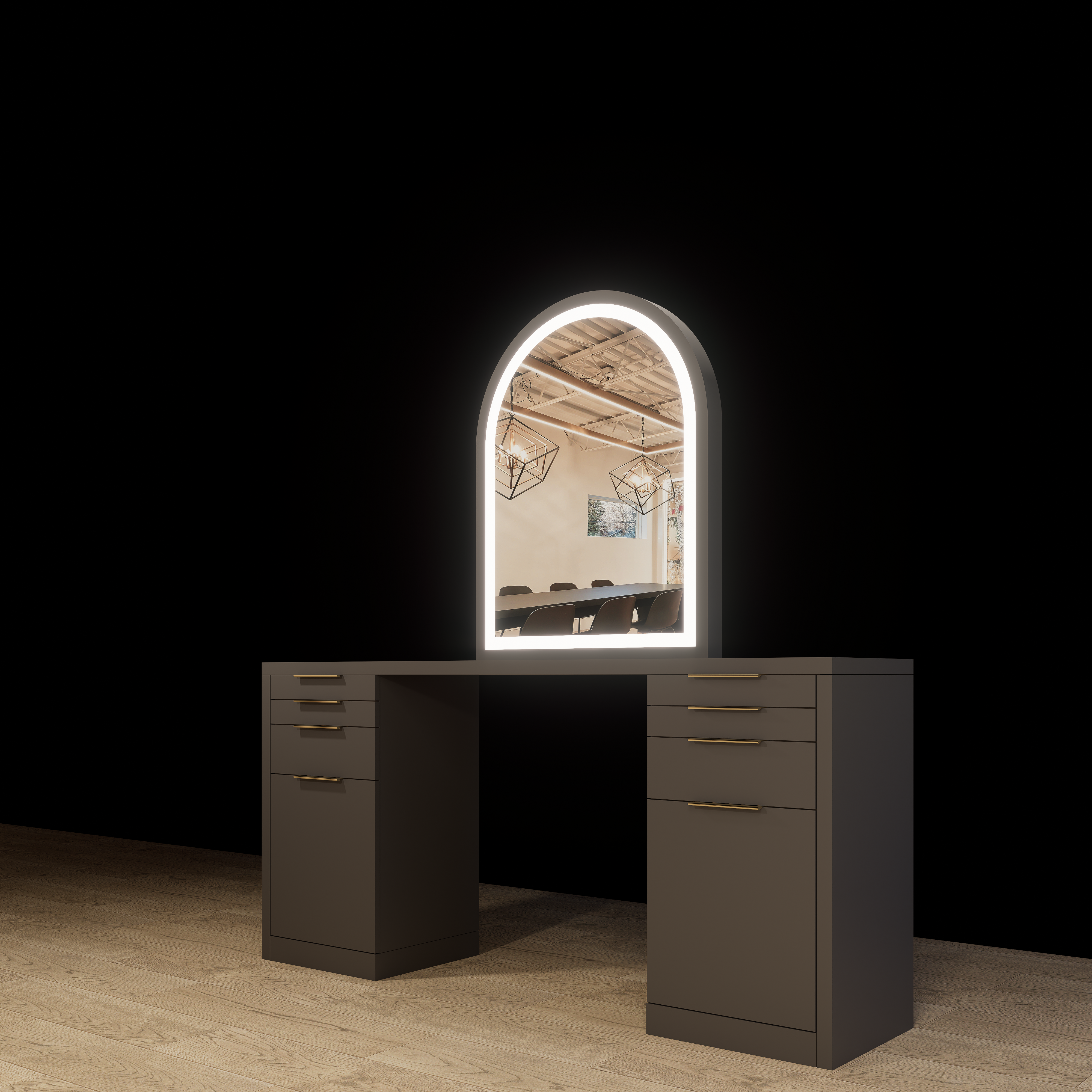 Bayfront single sided styling station with built-in LED mirror and modern salon design