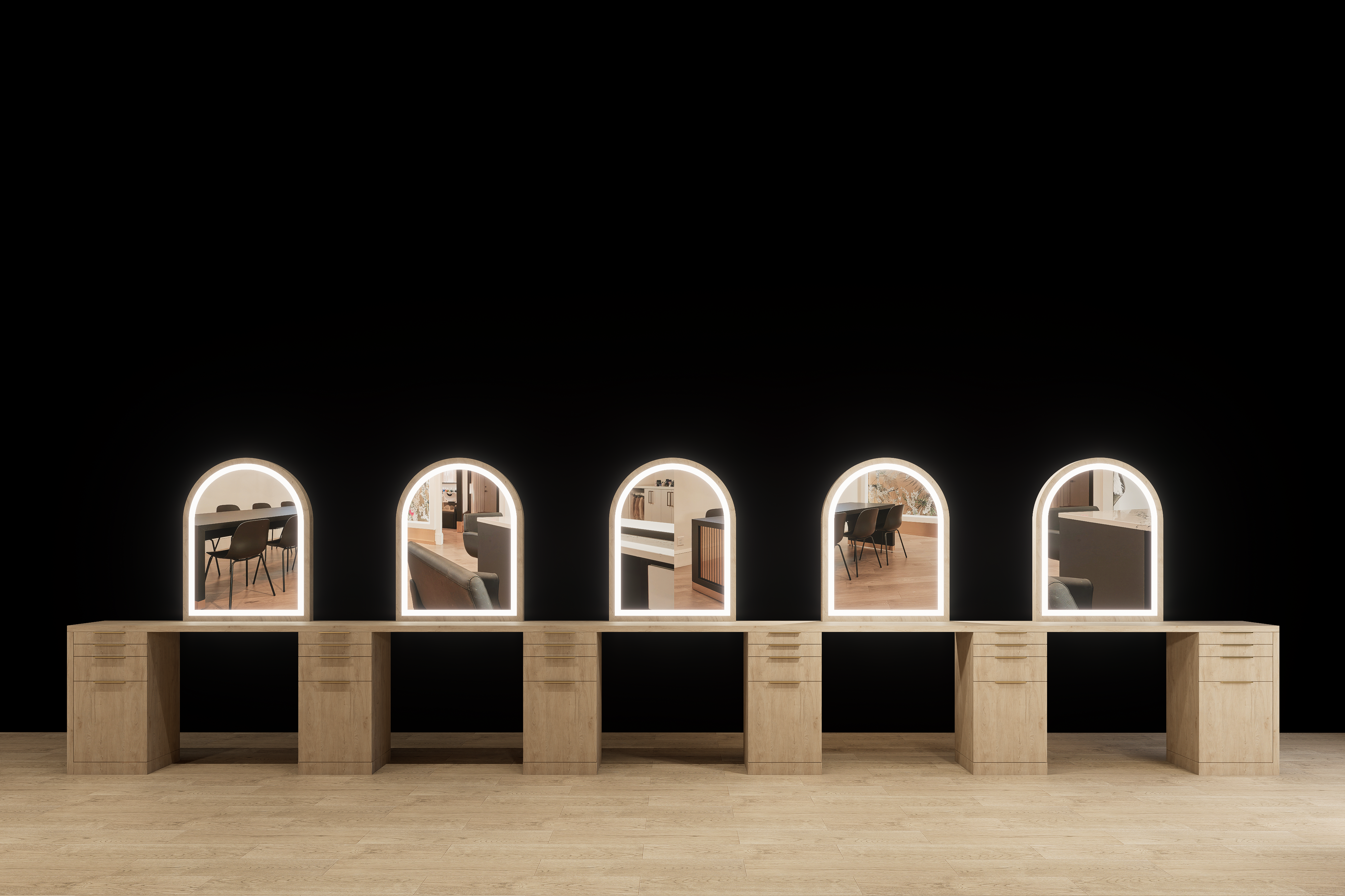 Bayfront salon station with LED mirror