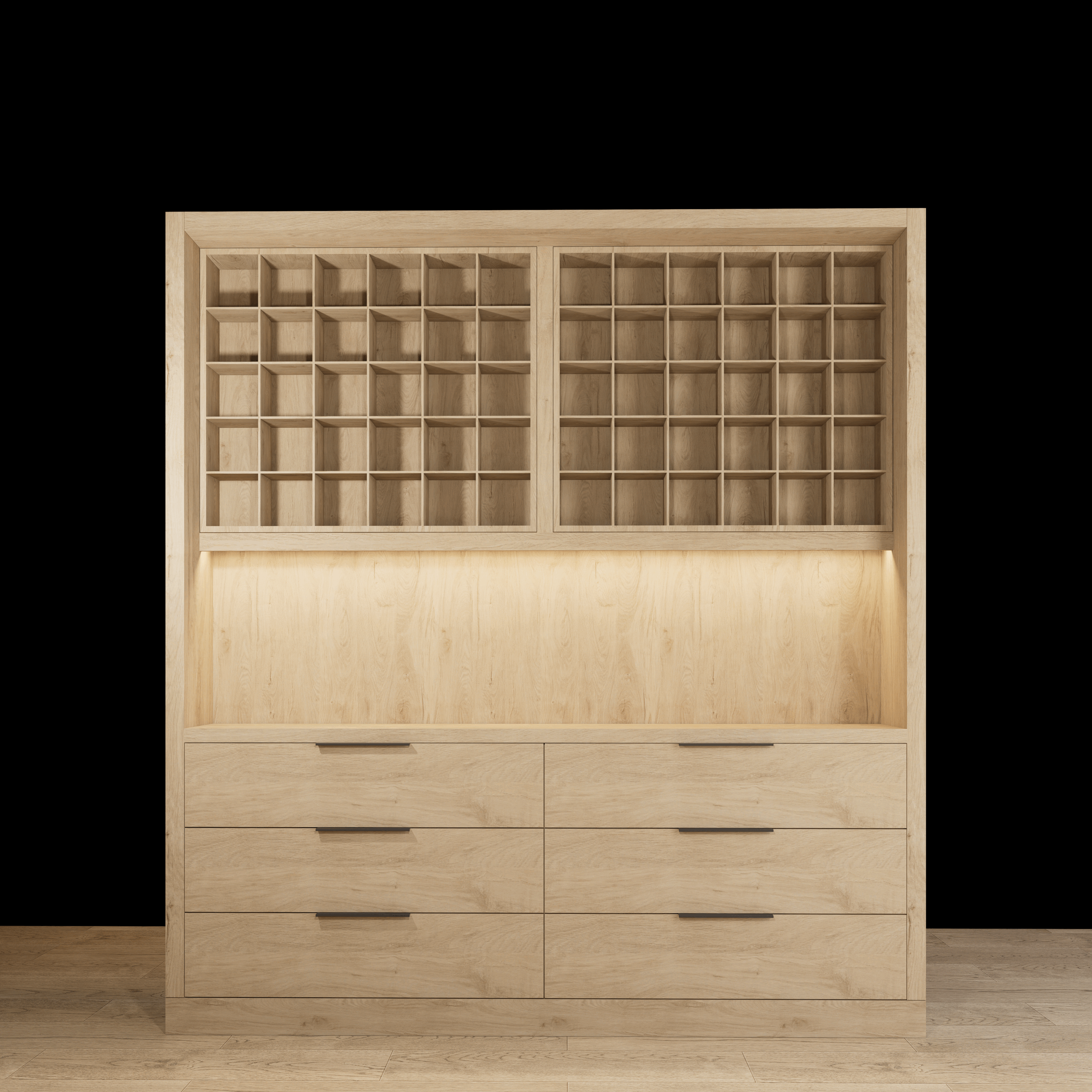 Salon color bar system in Roble Aurora with LED lighting, front view