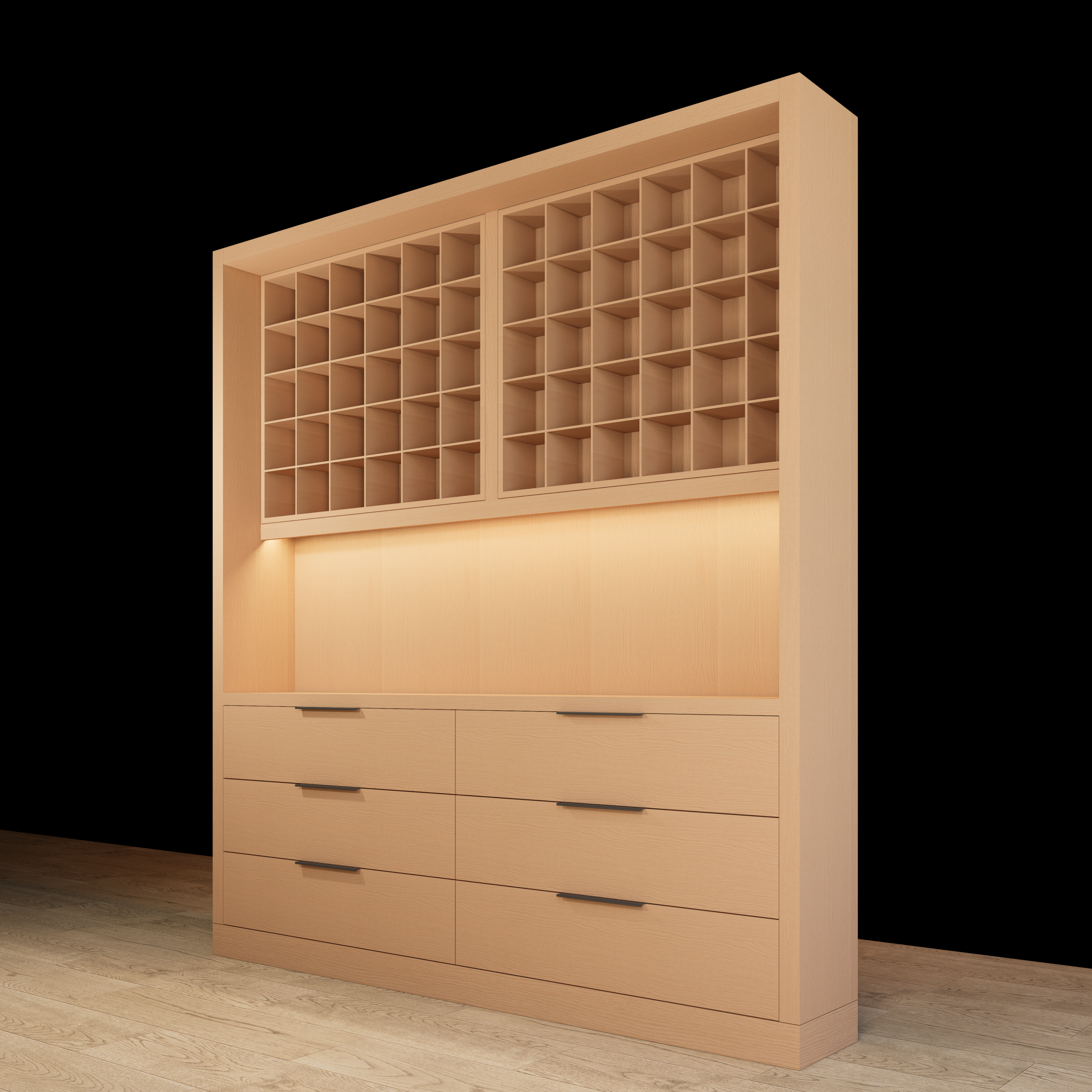 Side view of salon color bar system in Roble Bello with LED lighting