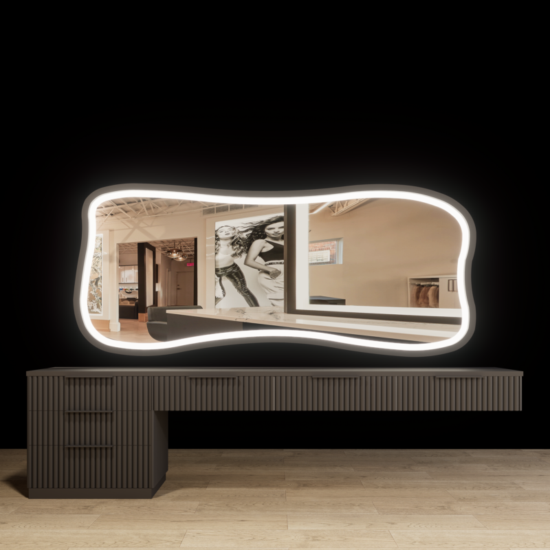 modern salon styling station with organic mirror