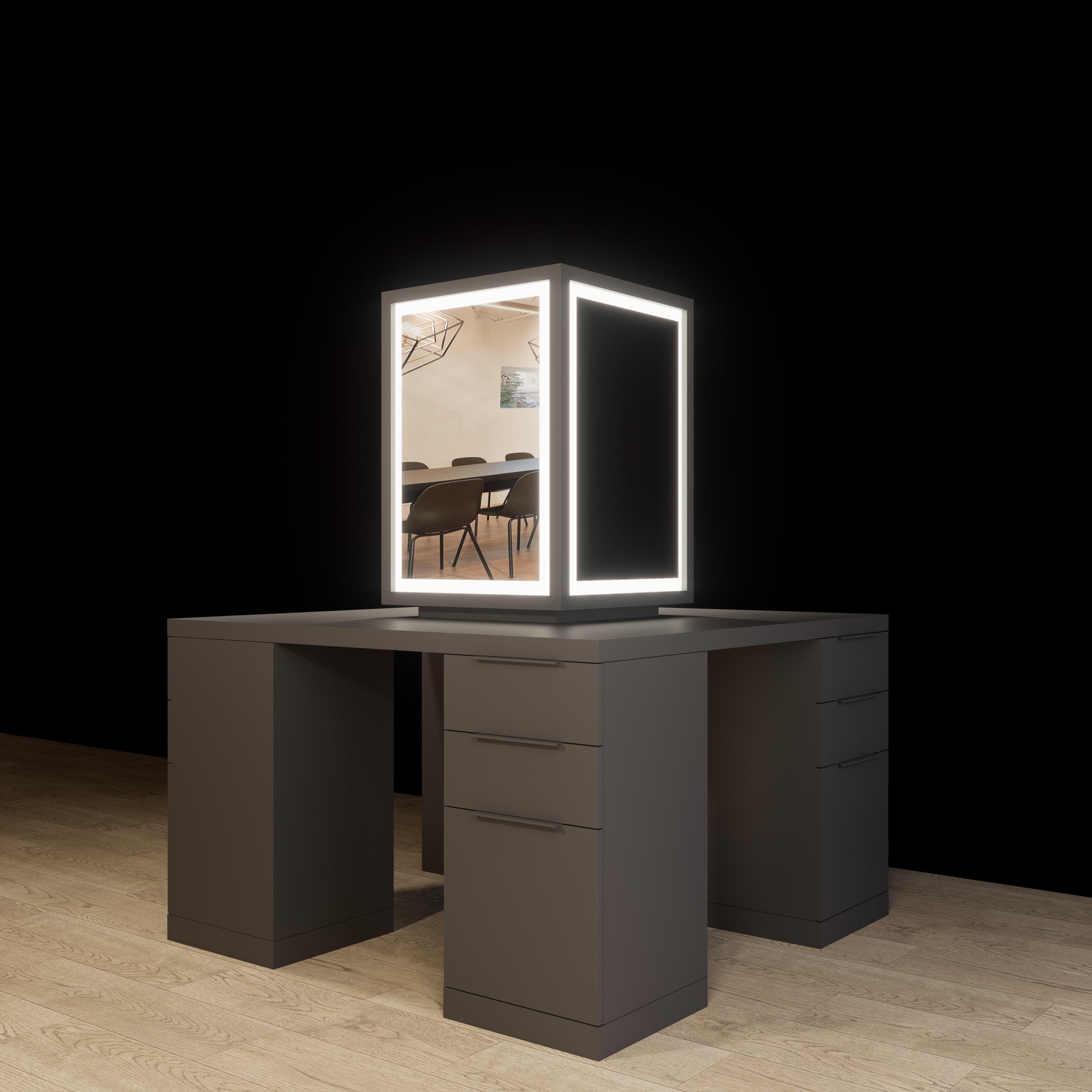 Quad four-sided salon styling station with mirrors