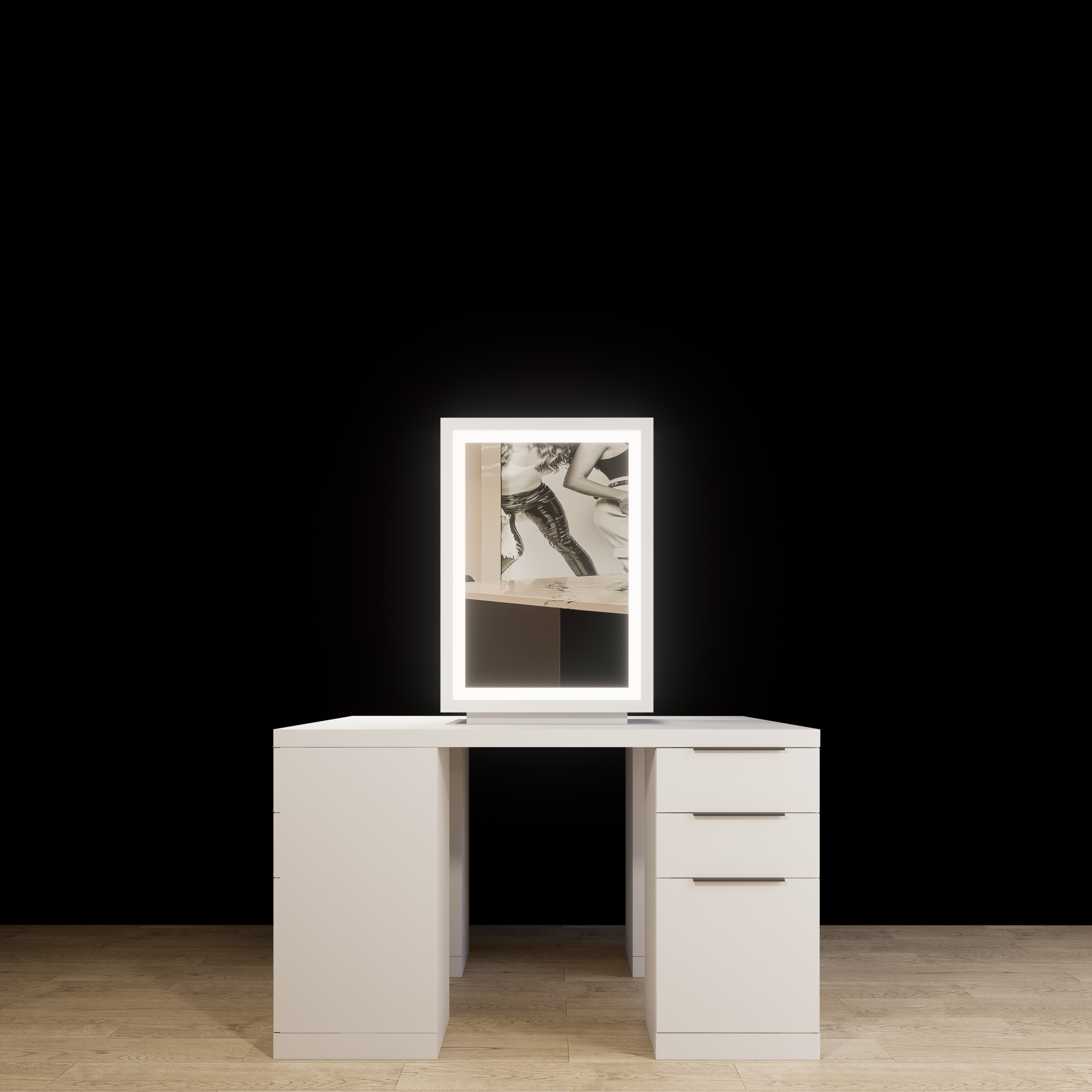 Aesthetic four-sided salon styling station with mirrors, front view