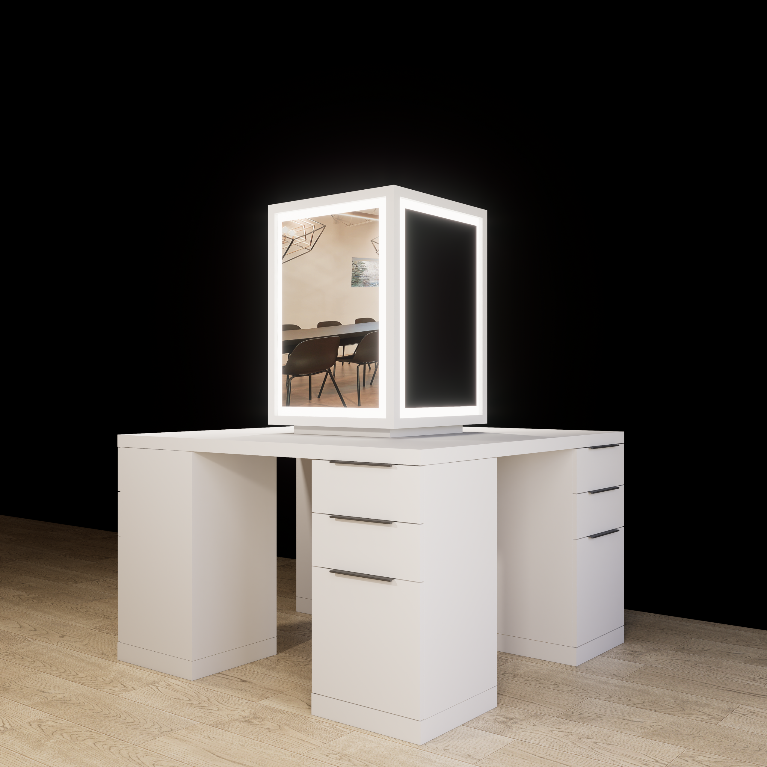 Aesthetic four-sided salon styling station with mirrors, front view