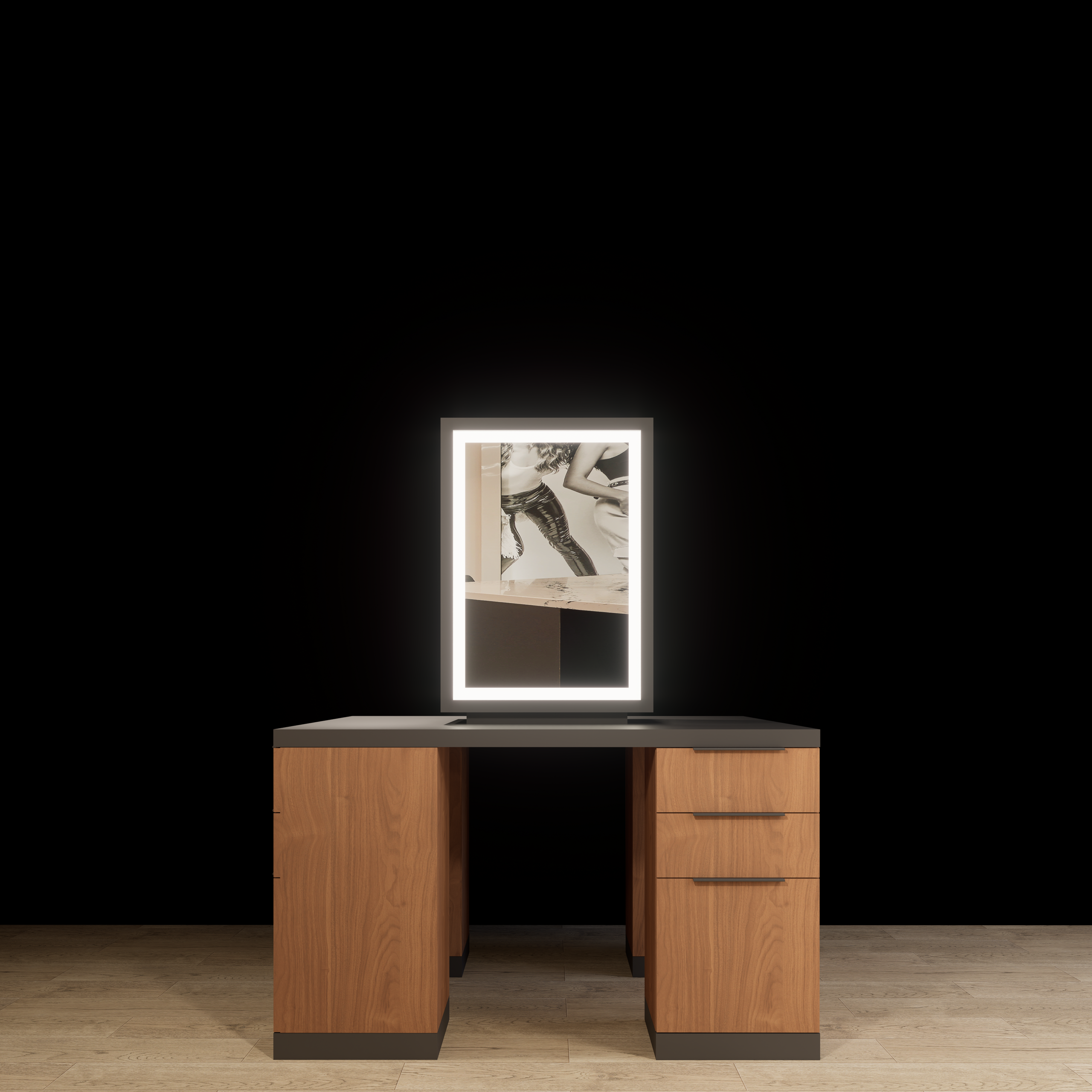 Aesthetic four-sided salon styling station with mirrors, front view